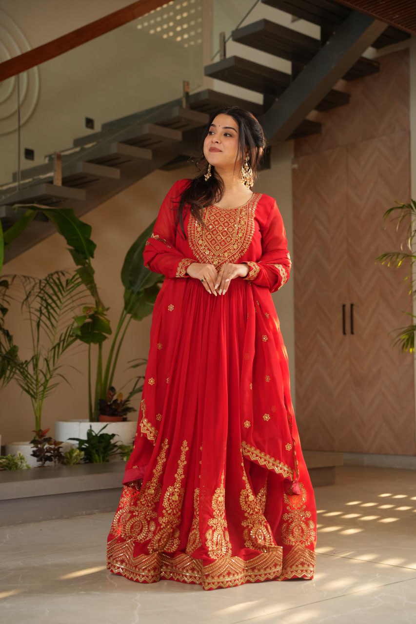 Women's Radiant Red Anarkali Suit Set with Golden Zari & Sequin Embroidery β Perfect for Festive & Wedding Occasions - Image 5