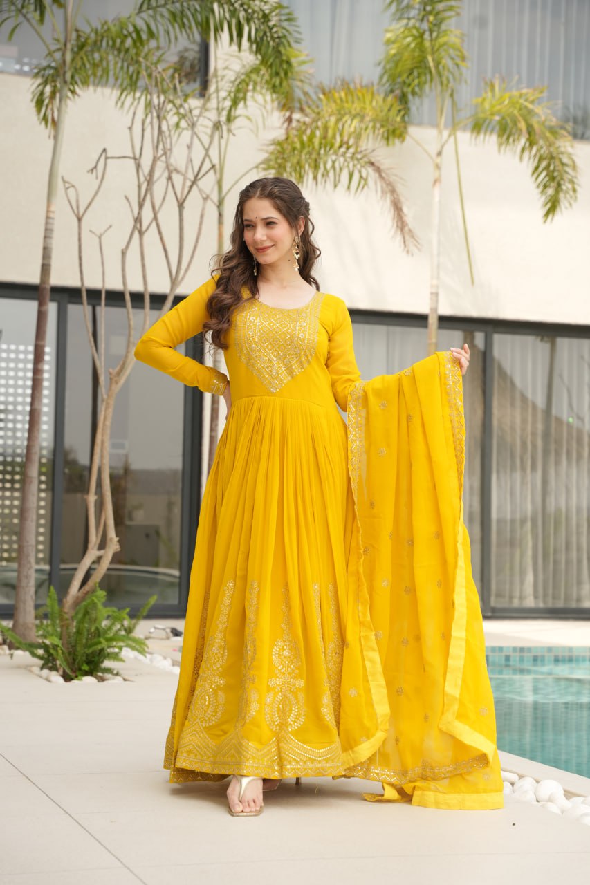 Women's Radiant Red Anarkali Suit Set with Golden Zari & Sequin Embroidery β Perfect for Festive & Wedding Occasions - Image 3