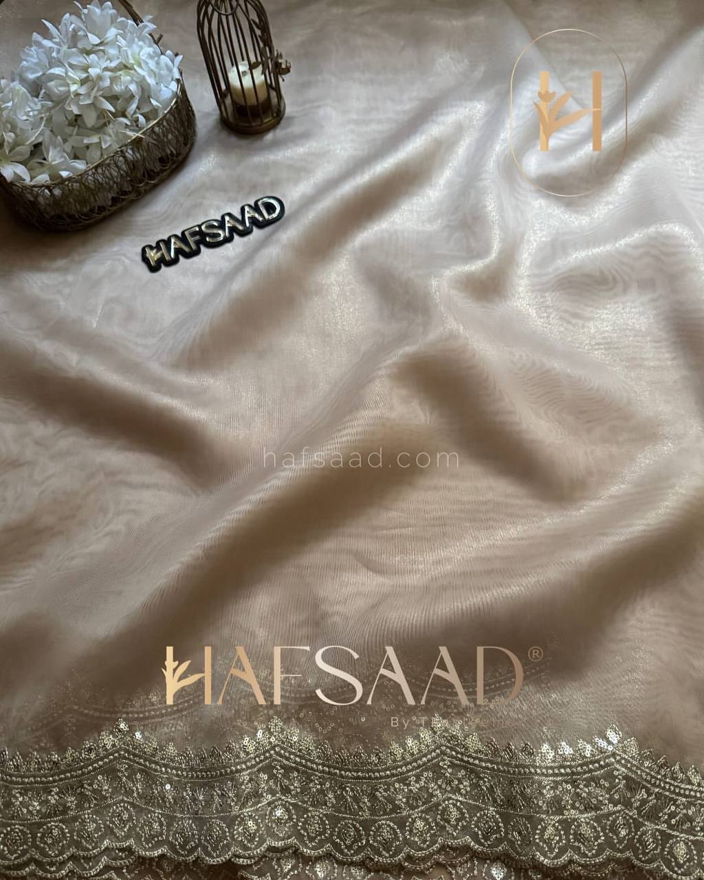 Luxurious Ivory Organza Dupatta with Heavy Golden Sequin & Zari Cutwork Border – Perfect for Weddings & Festive Layering - Image 9
